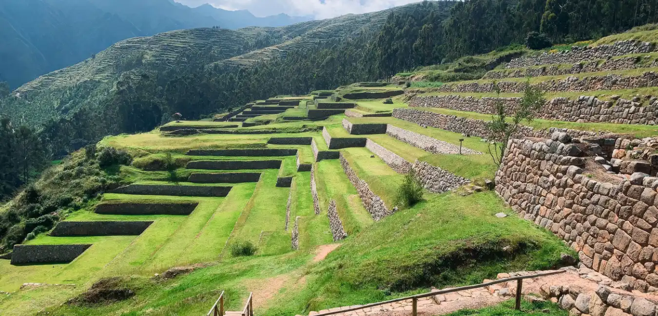 Inca terraces and green landscape on Sacred Valley Tour in Cusco