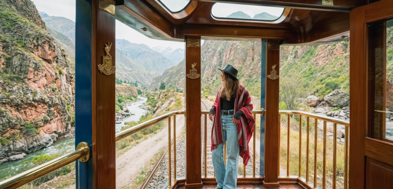 Tourist on the open air balcony of the Vistadome Observatory train